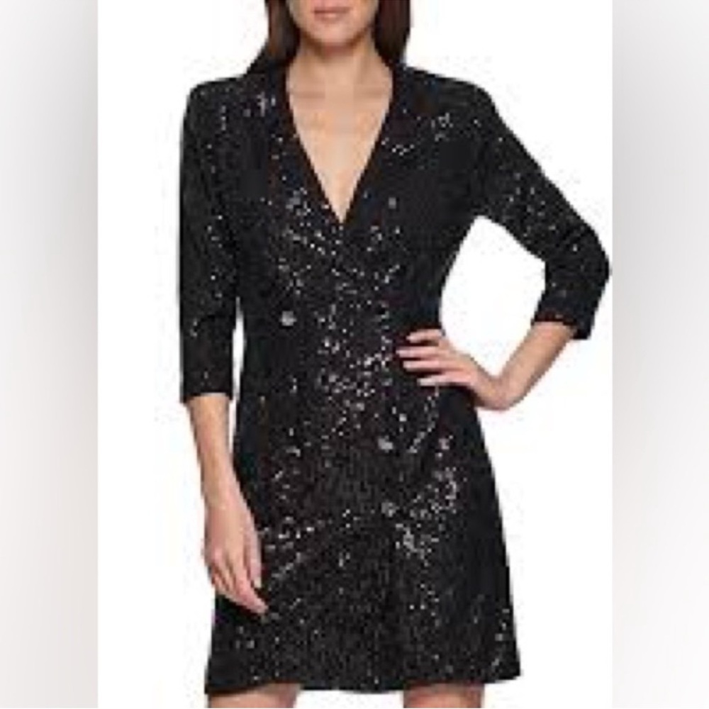 DKNY Womens Long Sleeve Double Breasted Sequins Blazer Dress